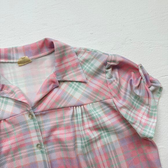 Vintage 70s Land n’ Sea Pastel Plaid Button Up Blouse, Size XL - Picture 2 of 9